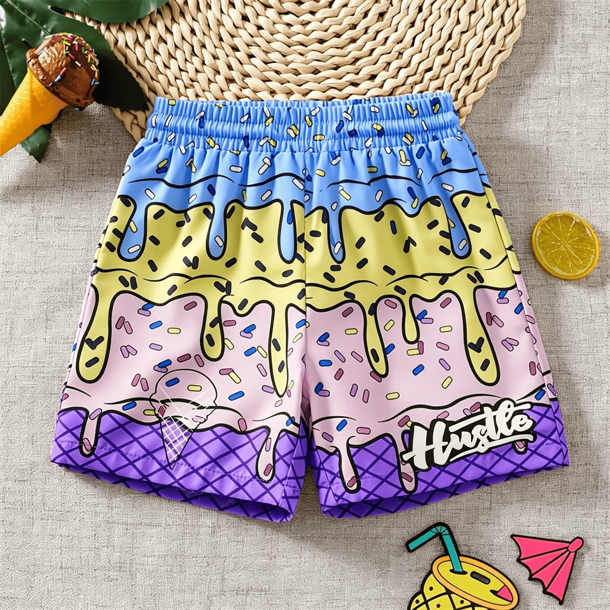

Colorful Ice Cream Graphic Beach Shorts for Men 3d Printed Cartoon Hawaiian Swimming Trunks Summer Streetwear Loose Board Shorts