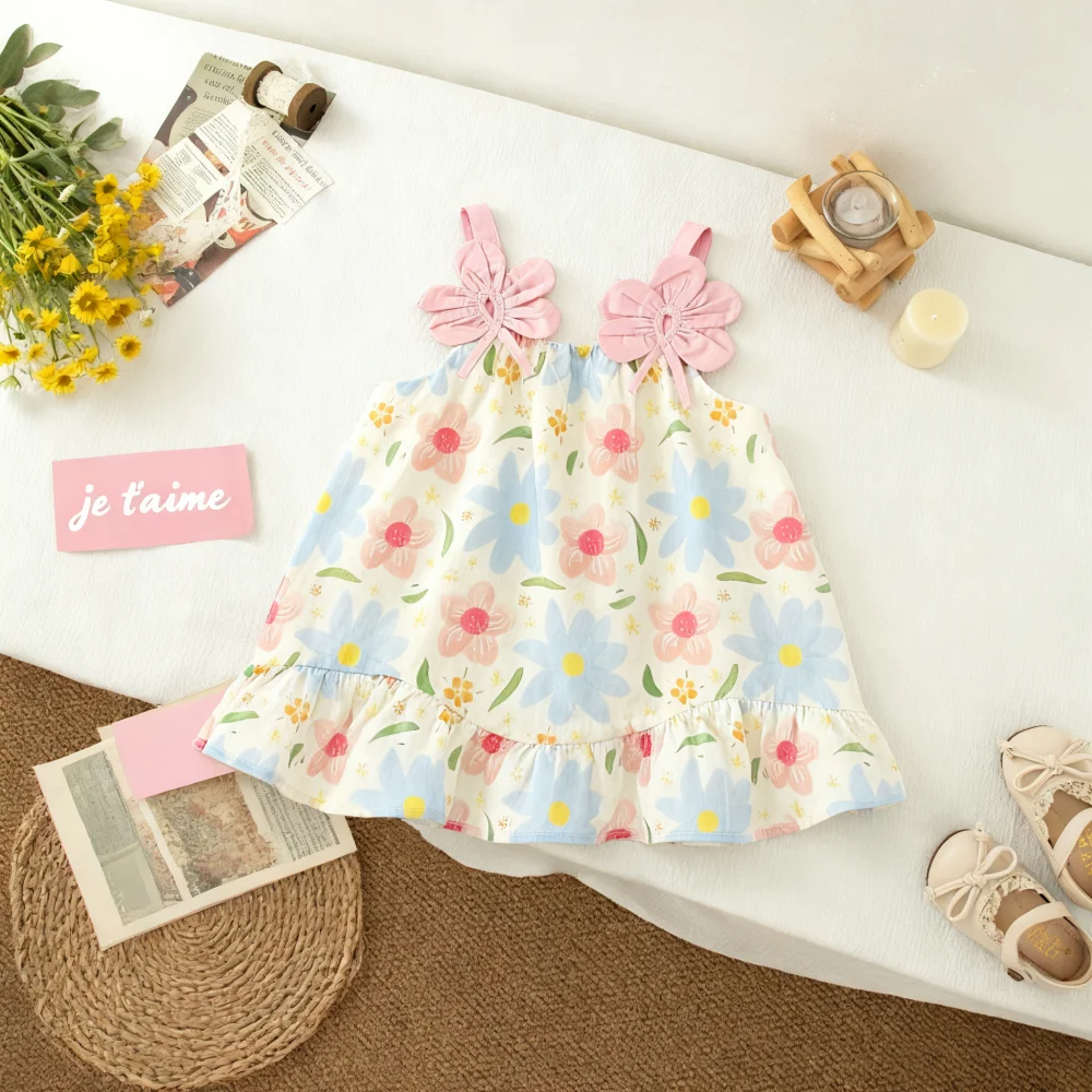 

Платье для маленьких девочек, летнее платье на тонких бретельках с цветочным принтом, милое хлопковое детское платье, одежда для маленьких девочек