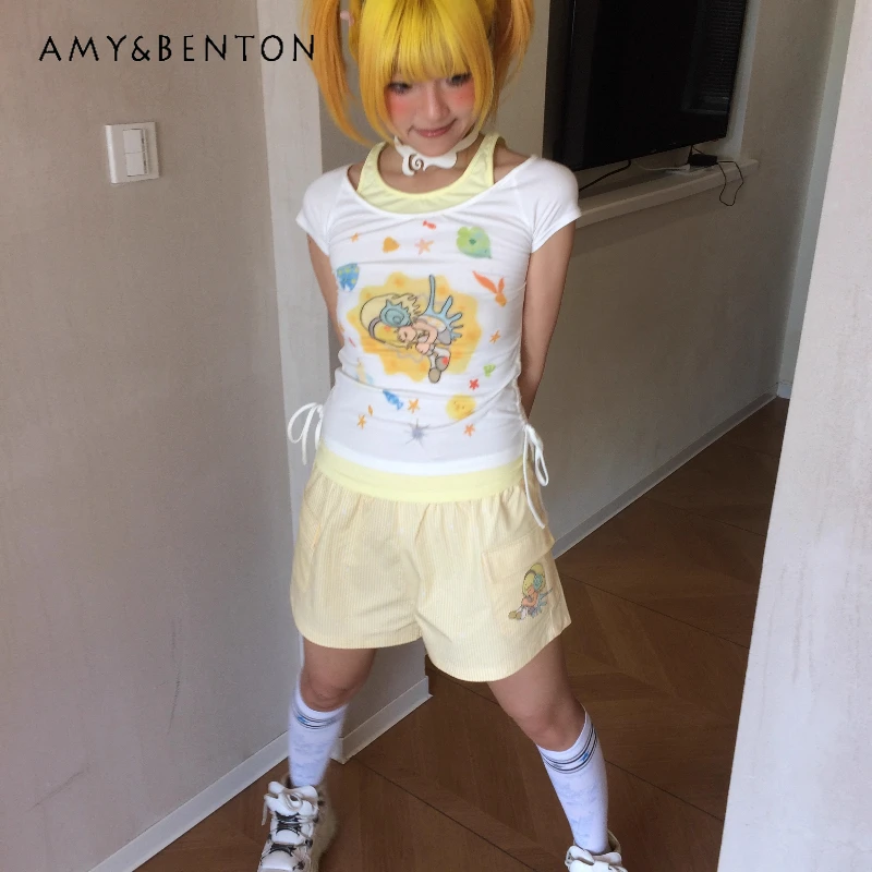 

Original Design Cartoon Anime Print Women's Top Summer New Cute Color Block Fake 2-Piece Irregular Short Sleeve T-Shirt Ladies