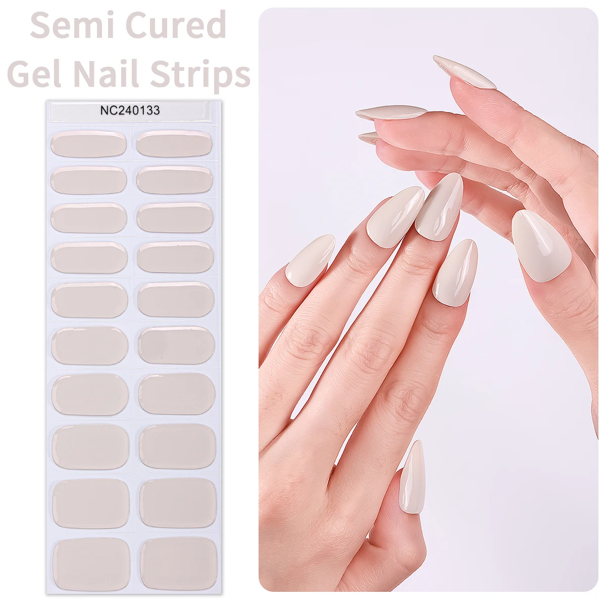 20Tips Champagne Semi Cured Nail Gel Strips Solid Color Gel UV Nail Stickers Press on Nails Self Adhesive Manicure Sticker