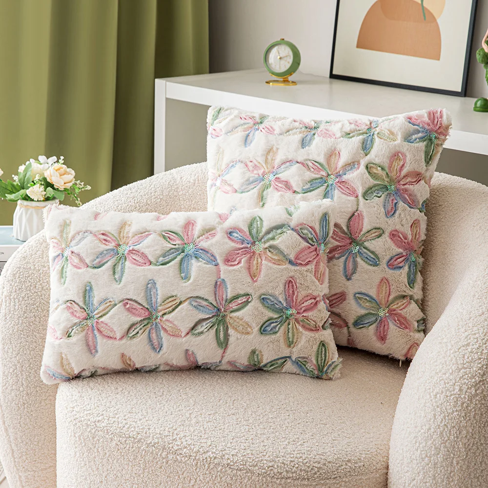 Decorative Pillows Covers Floral Plush Pillow Cases Standard Size Soft Furry Throw Pillowcase Cushion Shams with Zipper Closure