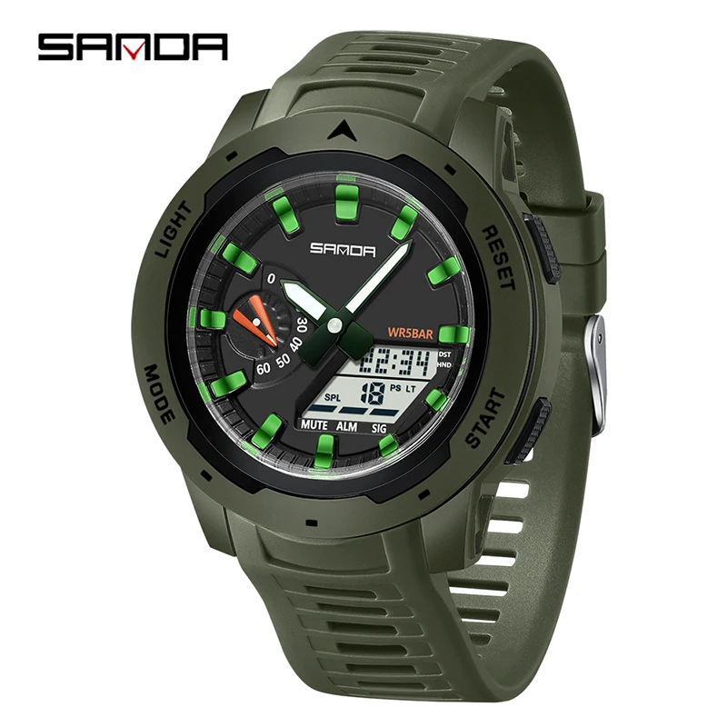 

SANDA 3360, модные электронные часы для мужчин, двойной дисплей, календарь, силиконовые водонепроницаемые противоударные светящиеся спортивные цифровые часы