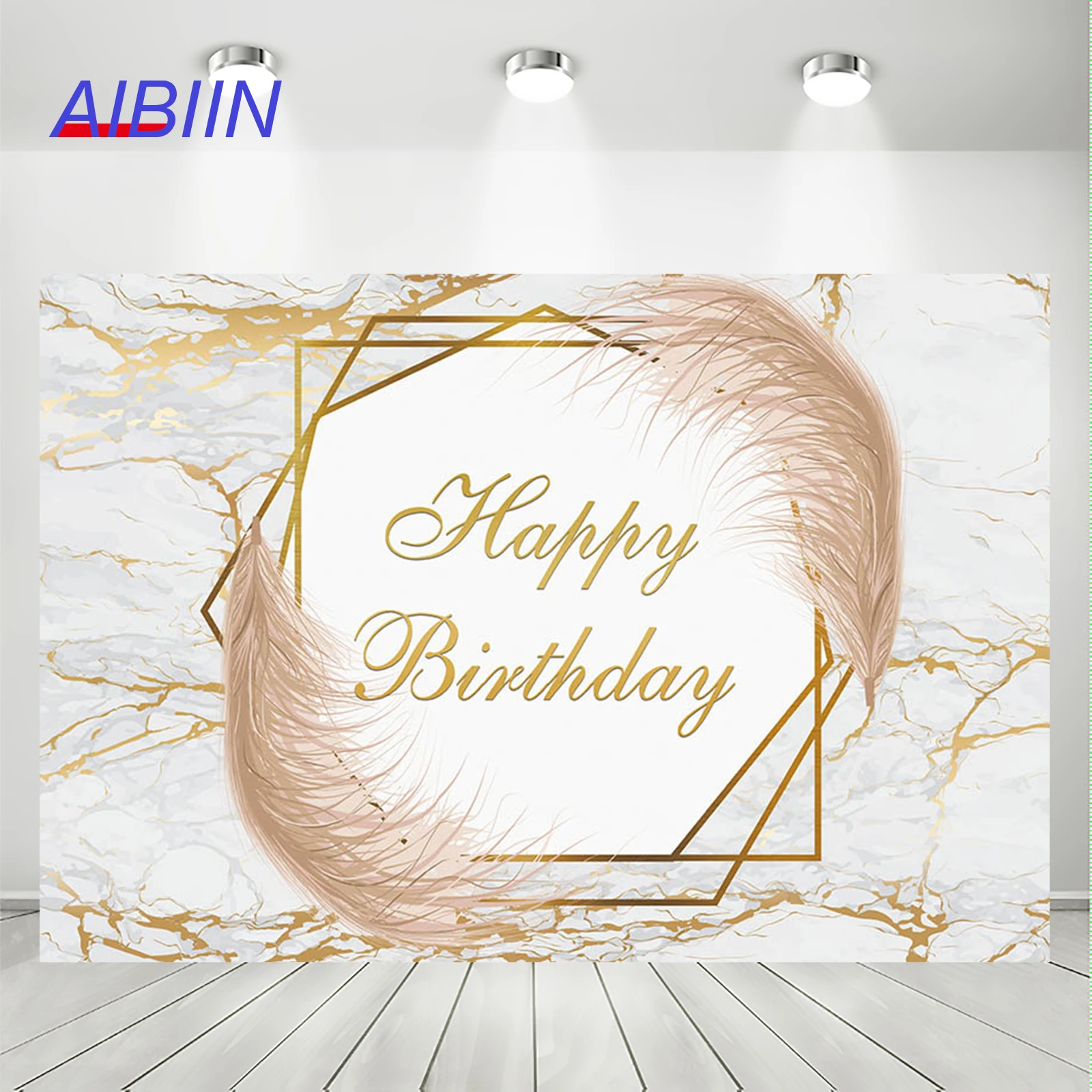 

Happy Birthday Party Backdrop Decoration White and Gold Marble Feather Photography Background Adult Portrait Photobooth Prop