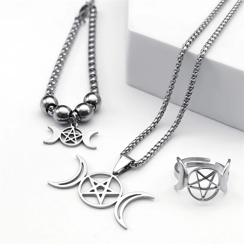 Stainless Steel Jewelry Set Triple Moon Goddess Pentagram Pentacle Necklace Women Men Ring Bracelet Earrings conjuntos de joyas image 4