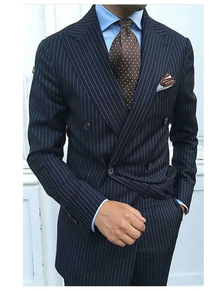 Men\'s 2 Piece Stripe Suits Double Breasted Formal Wedding Prom Tuxedo Groom Business Tuxedos men suits wedding prom suits