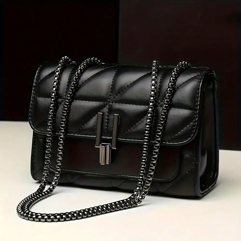 

LEATVOOK Black Quilted Crossbody Bag w/Golden Clasp Metal Chain for Women