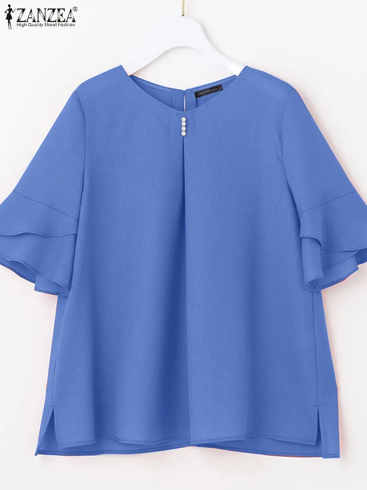 

ZANZEA Womens Elegant Pearls Detail Blouses 2025 Summer V-Neck Short Petal Sleeve Crinkle Textured Blusas Mujer Day Wear Tops