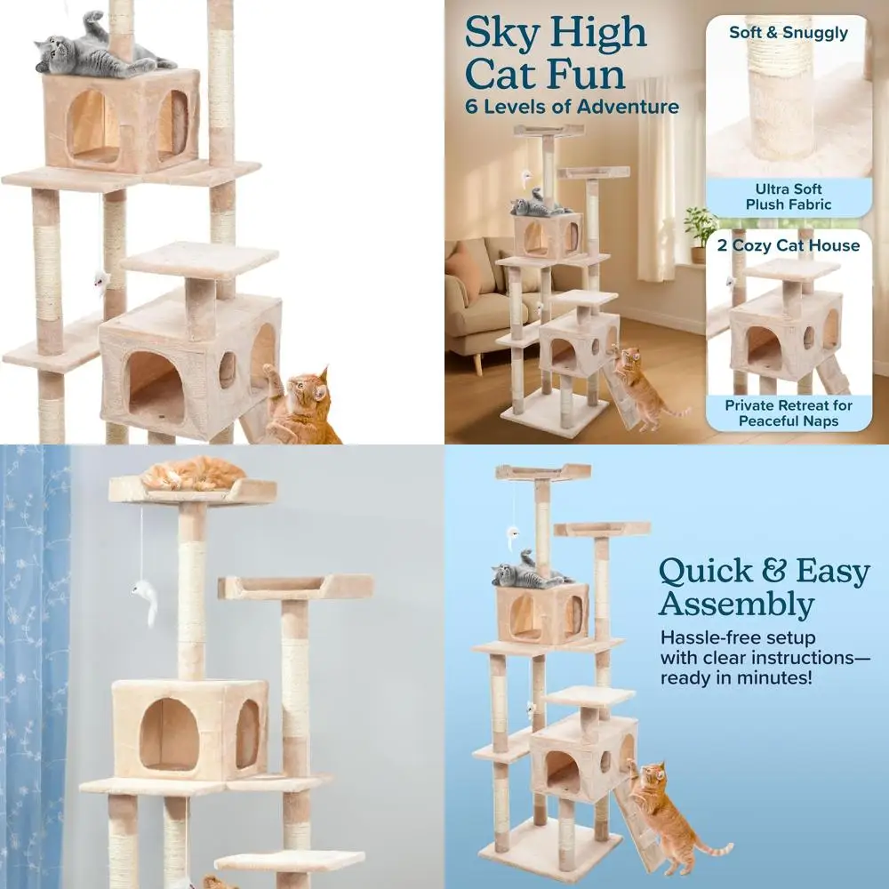 

5.5ft Beige Indoor Cat Tower with 2 Perches, 9 Scratching Posts, 2 Condos, 2 Toys & Ladder by PETMAKER
