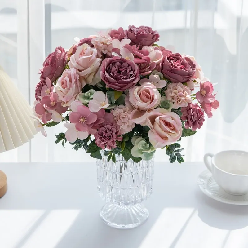 Künstliche Blumen 7 Zweige Seiden-Pfingstrose Rose Hortensie Hochzeitskranz Heim Zimmer Außenbereich Garten Bogen Festival Dekoration Arrangement Requisite – Detail 7