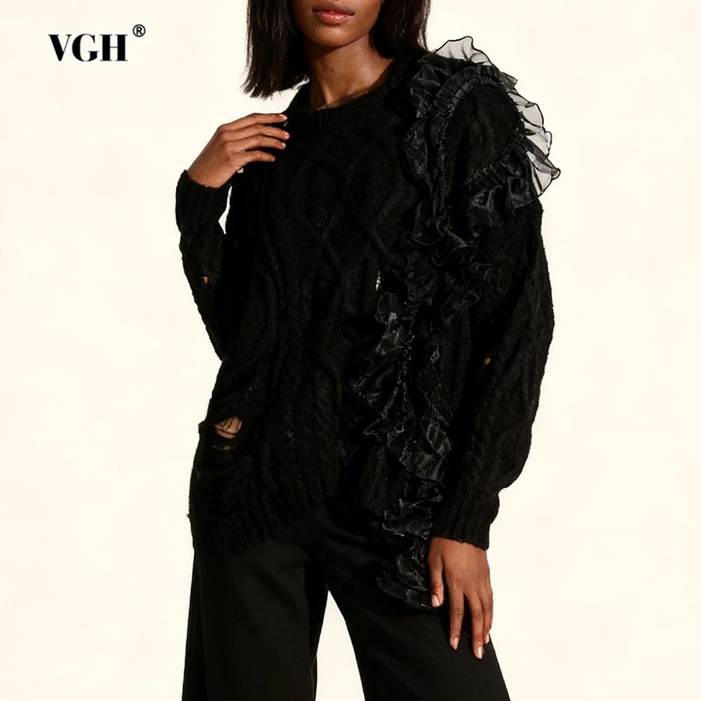 

VGH Loose Hollow Out Casual Knitted Sweaters For Women Round Neck Long Sleeve Autumntemperament Solid Ruffle Sweater Female New