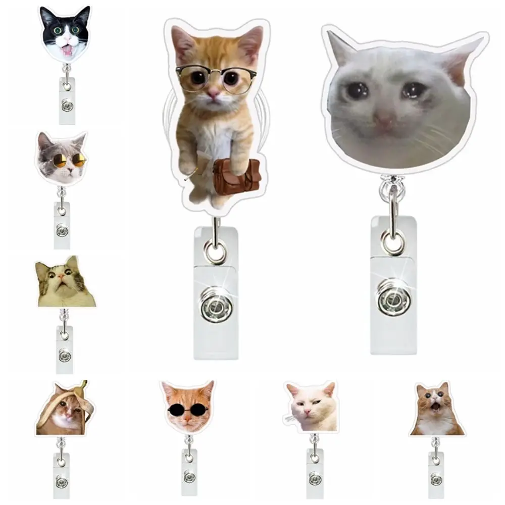 Funny Cat Nurse Badge Reel Kitten Animal Cat Expression ID Card Holder Telescopic Acrylic Retractable Badge Holder Keys Lanyard