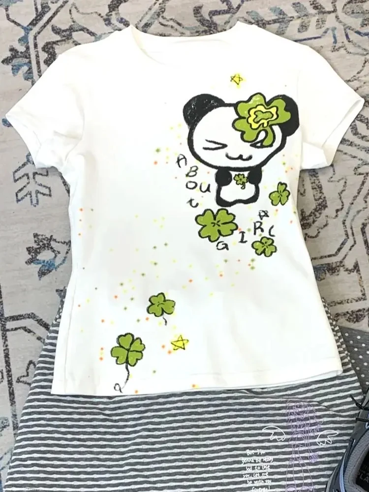 

Women White Cartoon Printing Graphic Tees Y2K Aesthetic Casual Slim Fit Preppy Style T Shirts Summer Harajuku Grunge Tops
