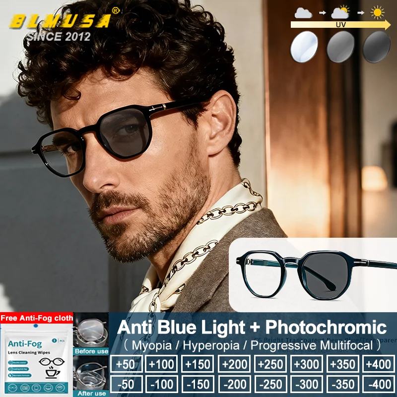 BLMUSA (S) Classic Anti Blue Light Polygonal Frame Reading Glasses Fashion Men Acetate Myopia Photochromic Prescription Eyeware
