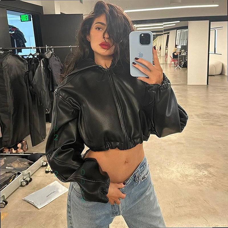 

Fashion Zipper Cropped Faux Leather Jacket Women Short Hooded PU Coat Tops