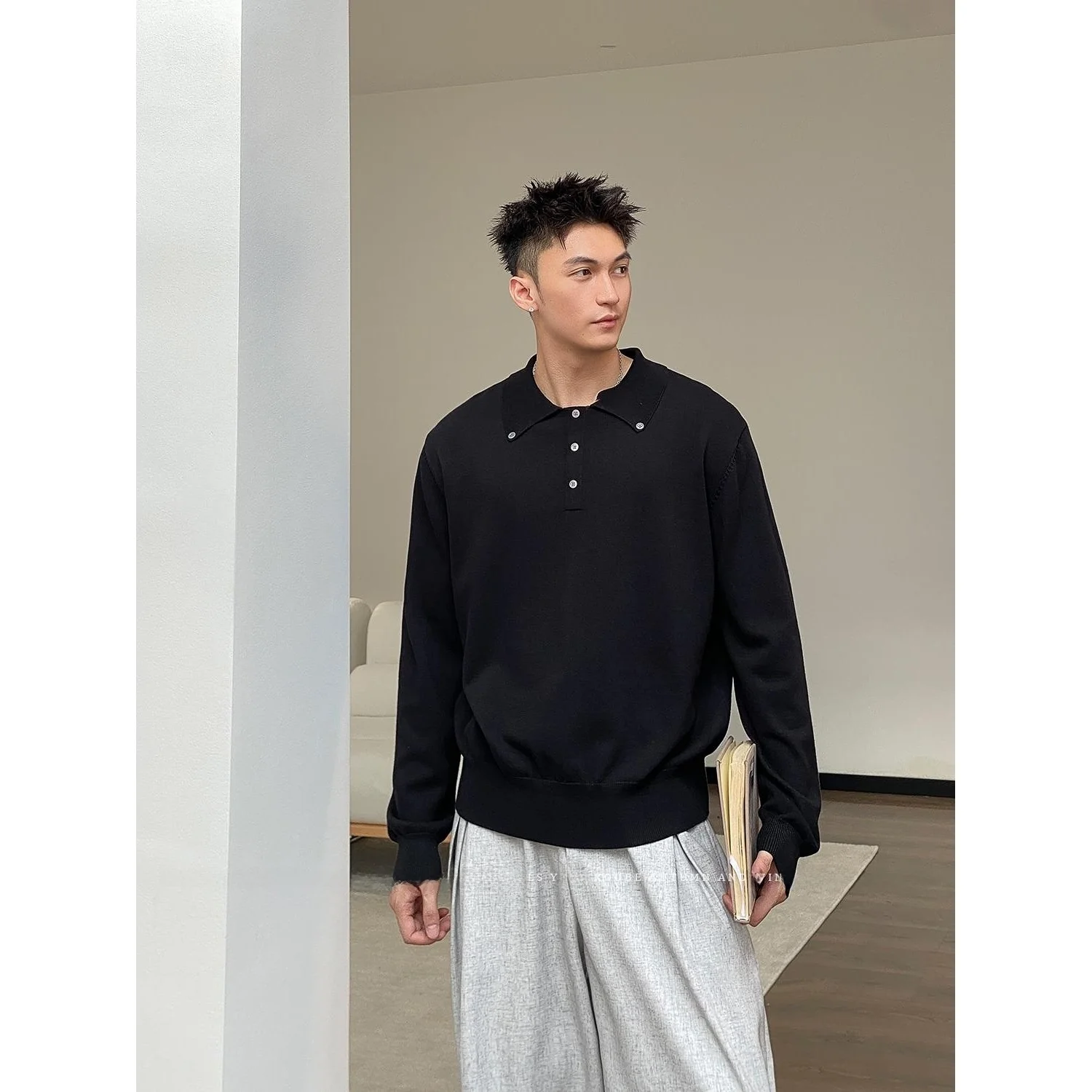 

Свободный крой трикотажа, мужской осенний удлиненный воротник на пуговицах, повседневный удобный дышащий полиэфирное волокно