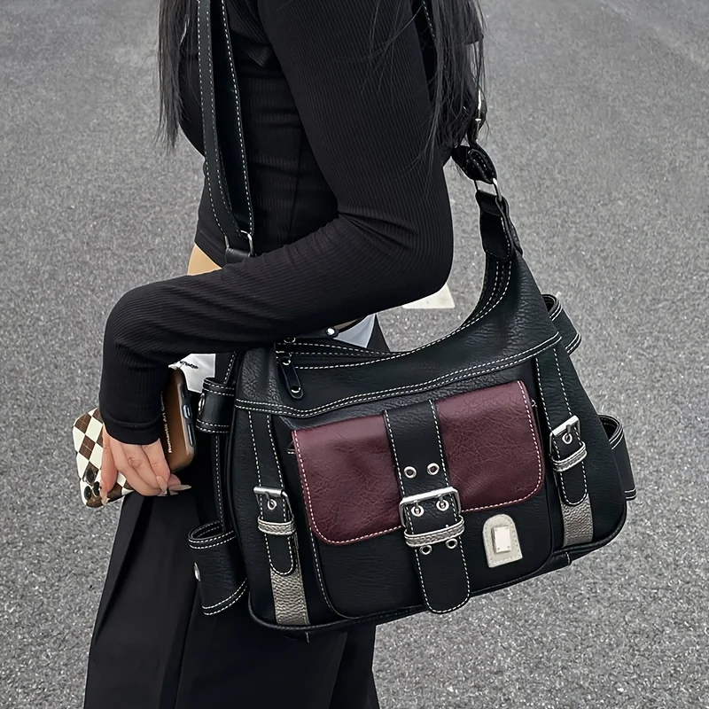 

Vintage Leather Women's Bag Y2k Spicy Girls Crossbody Bag Large Capacity Contrasting Single Shoulder Bags Suitable for Daily Use