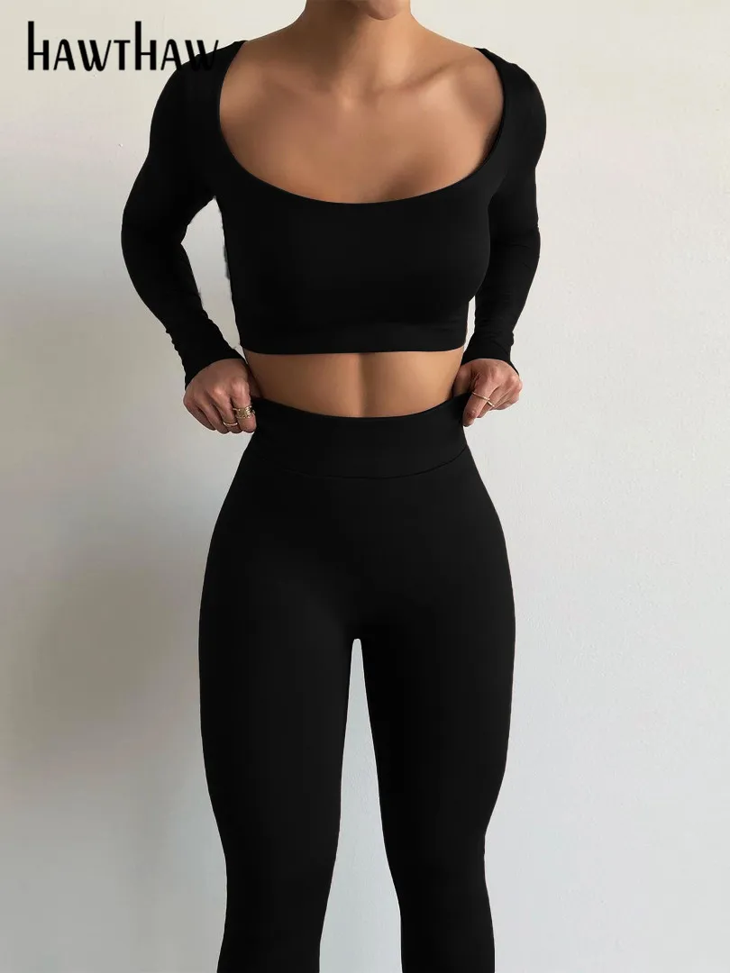 Hawthaw Frauen Herbst Winter Langarm Crop Tops lange Hosen zweiteilige passende Sets Outfits Großhandel Artikel für Unternehmen