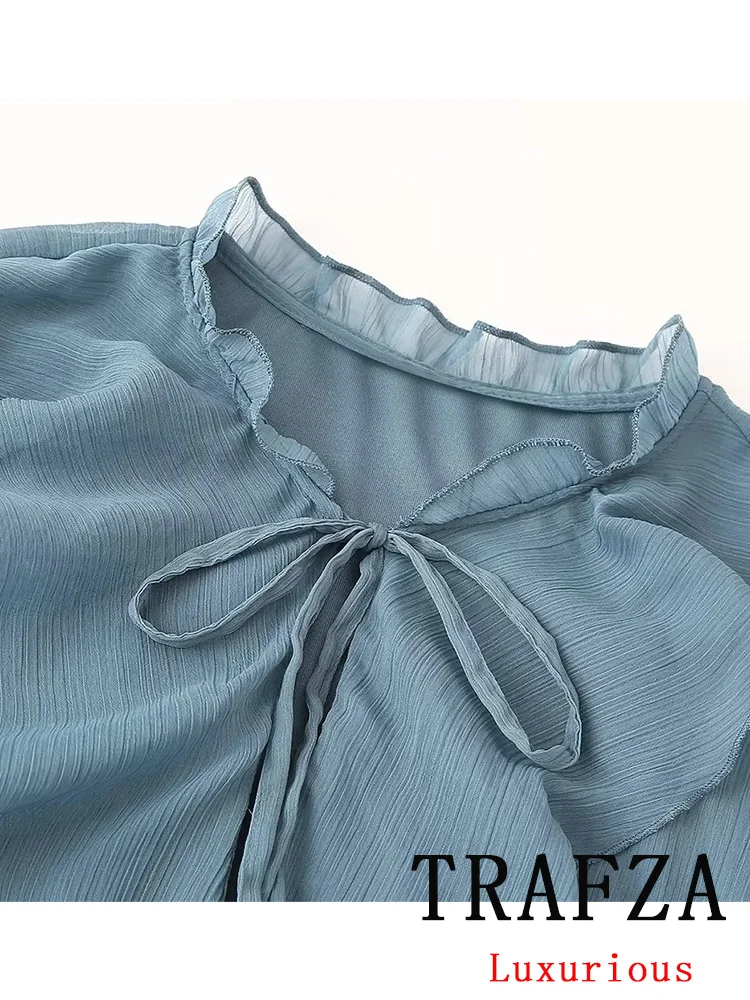 TRAFZA Vintage Casual Chic Women Dress Blue Solid O-Neck Belt Straight Long Tierred Vestidos Fashion 2024 Autumn Holiday Dress