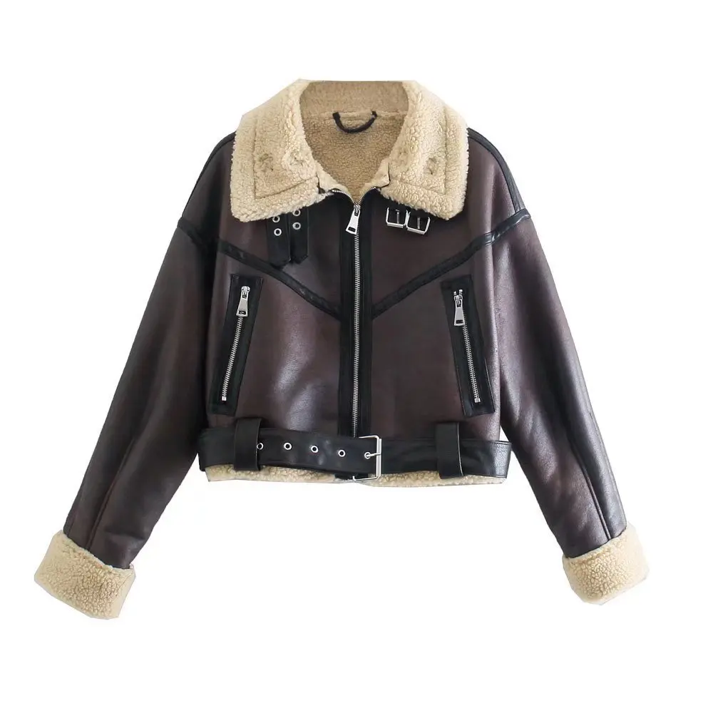 Y2K New Winter Women Streetwear Faux Lamb Leather Fur Short Jacket with Belt Moto Biker Thick Warm Sheepskin Coat Outwear