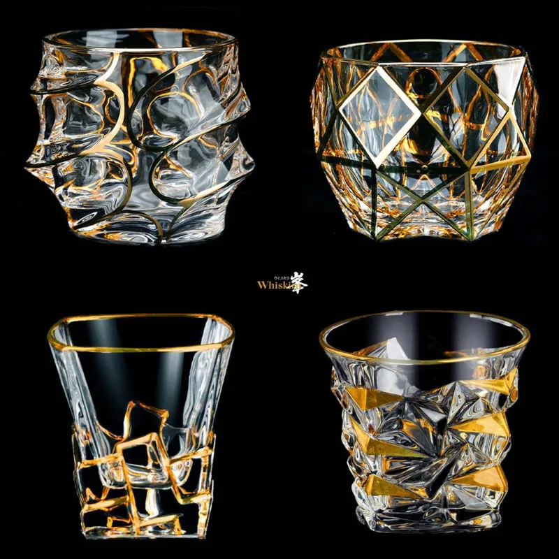 Multi-Function Whisky Copo De Vidro Set, Linha De Ouro Copos De Vinho, Térmicas De Cristal Pintado Dourado, Caixa De Presente De Cocktail De Cerveja