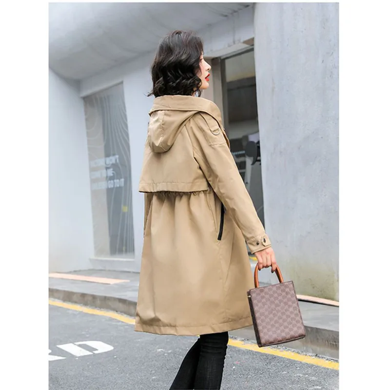 Korean Trench Coat For Women 2024 Spring Autumn Medium To Long Overcoat Casual Hooded Drawstring The Waist Windbreaker Female