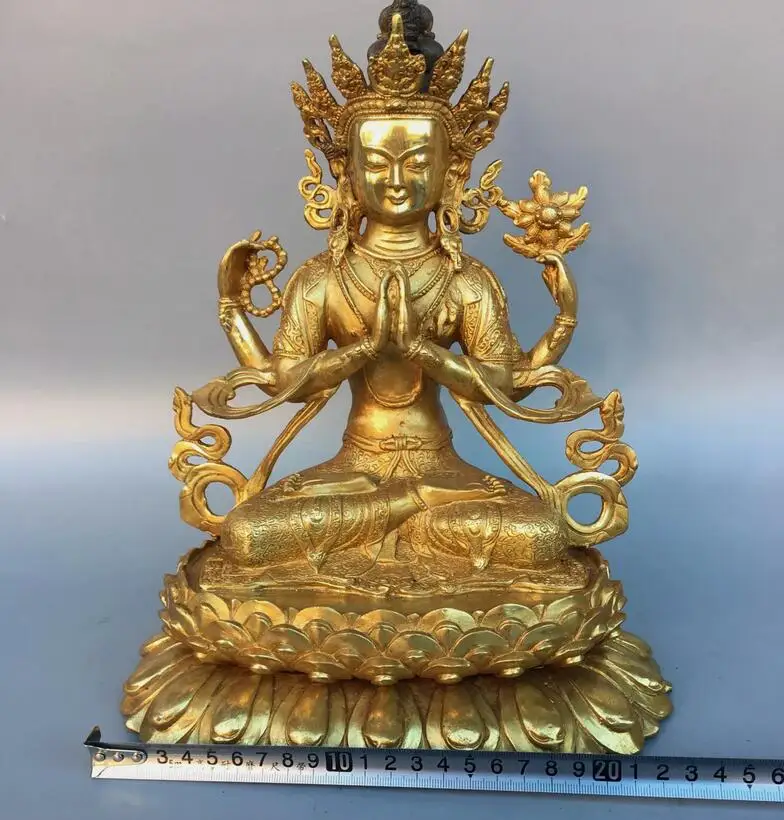 12inch Old Buddhism Bronze gilt 4 Arms Chenrezig Kwan-yin Guanyin Buddha Statue