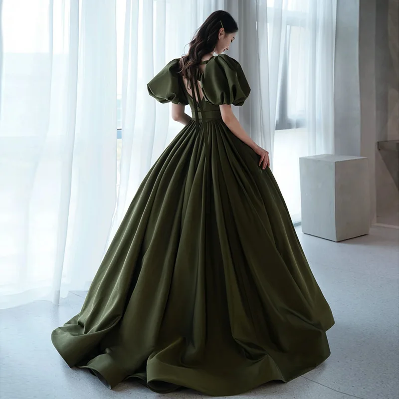 Vintage Bubble Sleeve Texture Dark Green Evening Dress Vocal Performance Studio Photo Shooting Women's Backless Evening Dress