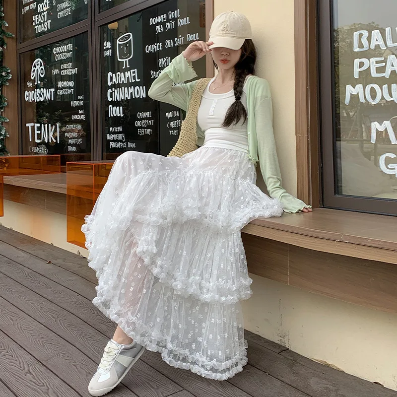 กระโปรง Midi ตาข่ายสีขาวสําหรับผู้หญิงสายเอวสูงกระโปรง Tulle ชั้นบาน