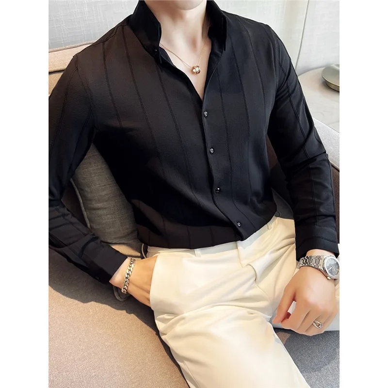 Italian Naples Men's Long-sleeved Shirt Light Luxury Fashion High-end Striped Casual Shirt White Black V-neck Men's Shirt