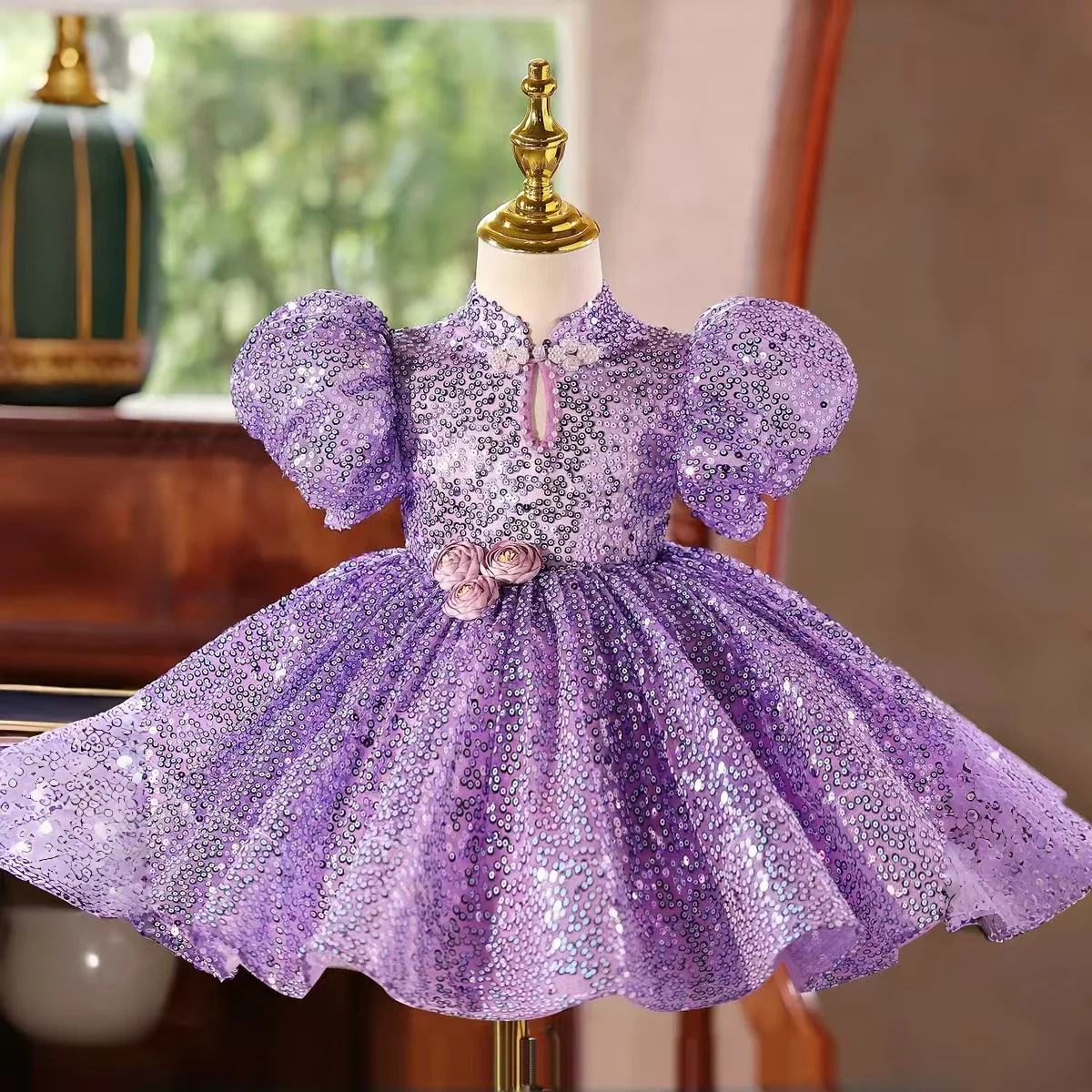 

Платье для девочки Dreamy Vow D244 в китайском стиле с пышными рукавами, фиолетовыми пайетками и 3D цветами, для вечеринок, свадеб и нарядов принцессы