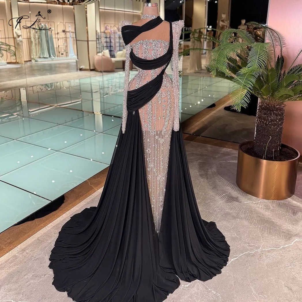 

Роскошное платье русалки, тюлевое платье макси со стразами и черным шлейфом, коктейльное платье, длинное бальное платье, женское свадебное платье