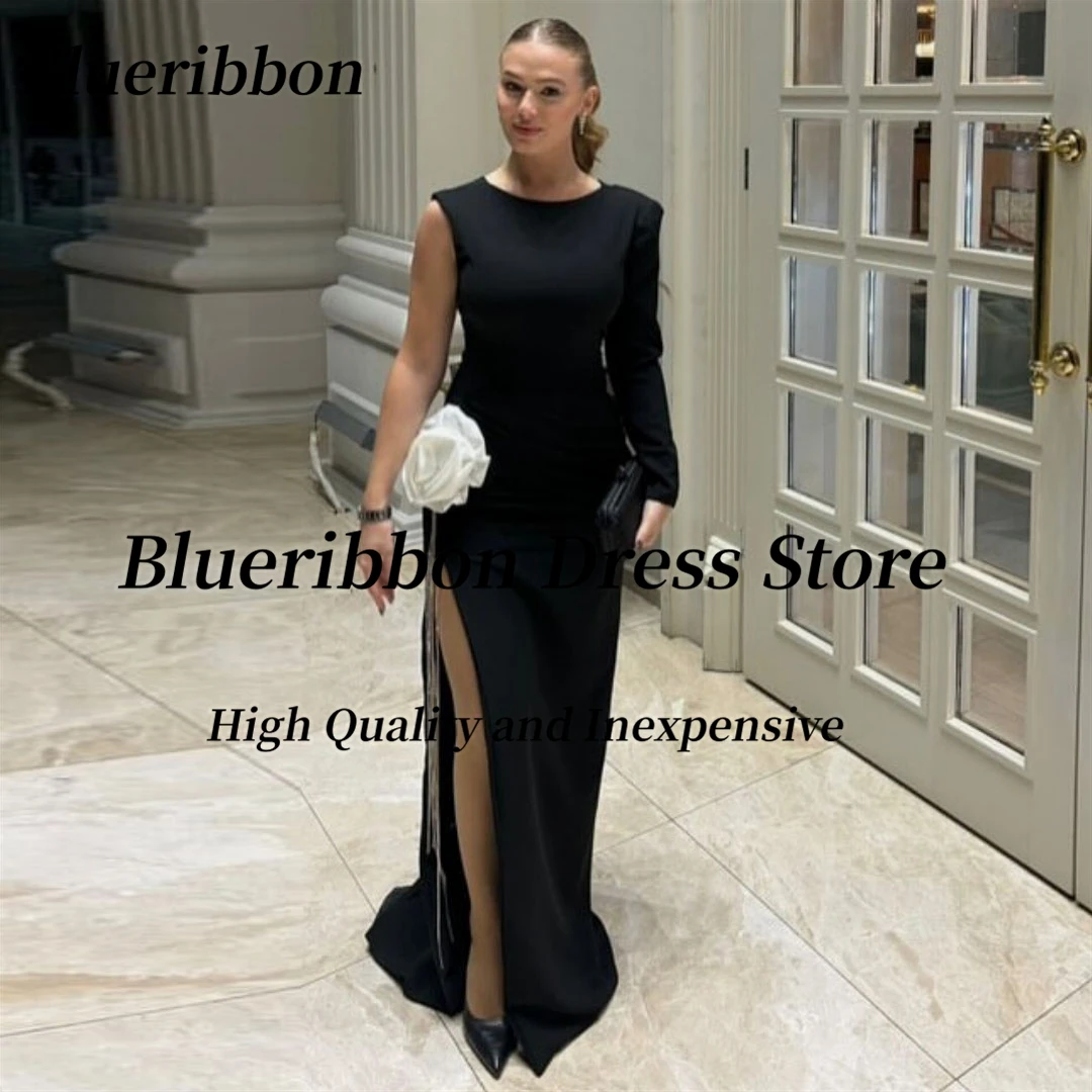 

Blueribbon Black Side Slit Prom Dresses White Flower Sash Long Sleeve Evening Gowns O-Neck Birthday Party Dress Customized