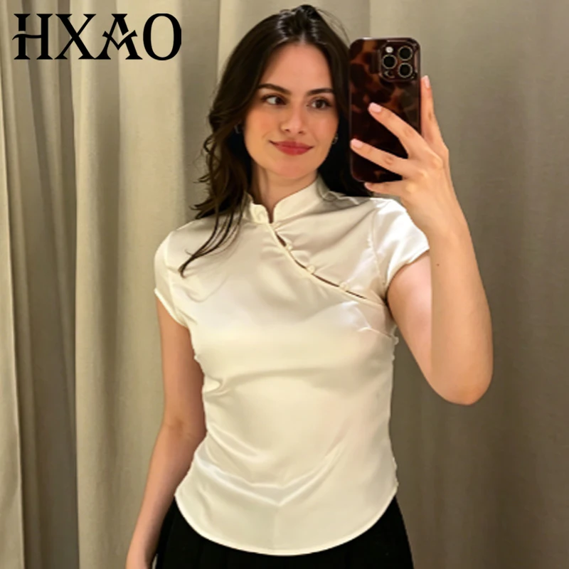 HXAO Women's Crop Satin Top Summer 2026 Elegant Bustier Asymmetric Button Short-Sleeve Tank Top Chinese Style Vest Holiday Tops