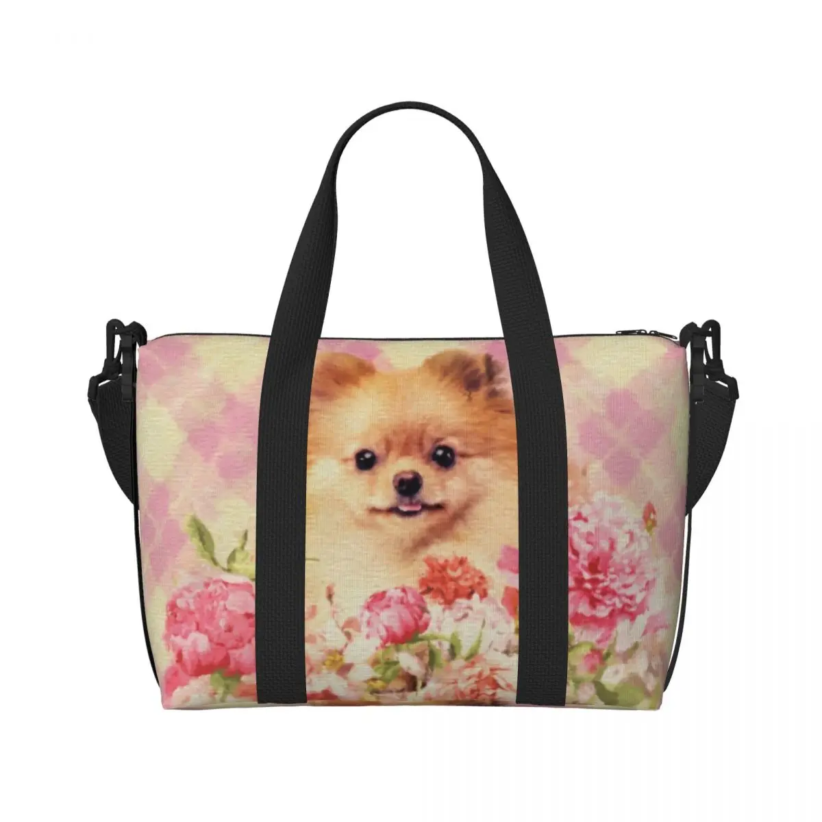 Custom Large Cute Pomeranian German Spitz With Flowers Tote Bag for Women Pet Dog Shopper Shoulder Beach Gym Travel Bag