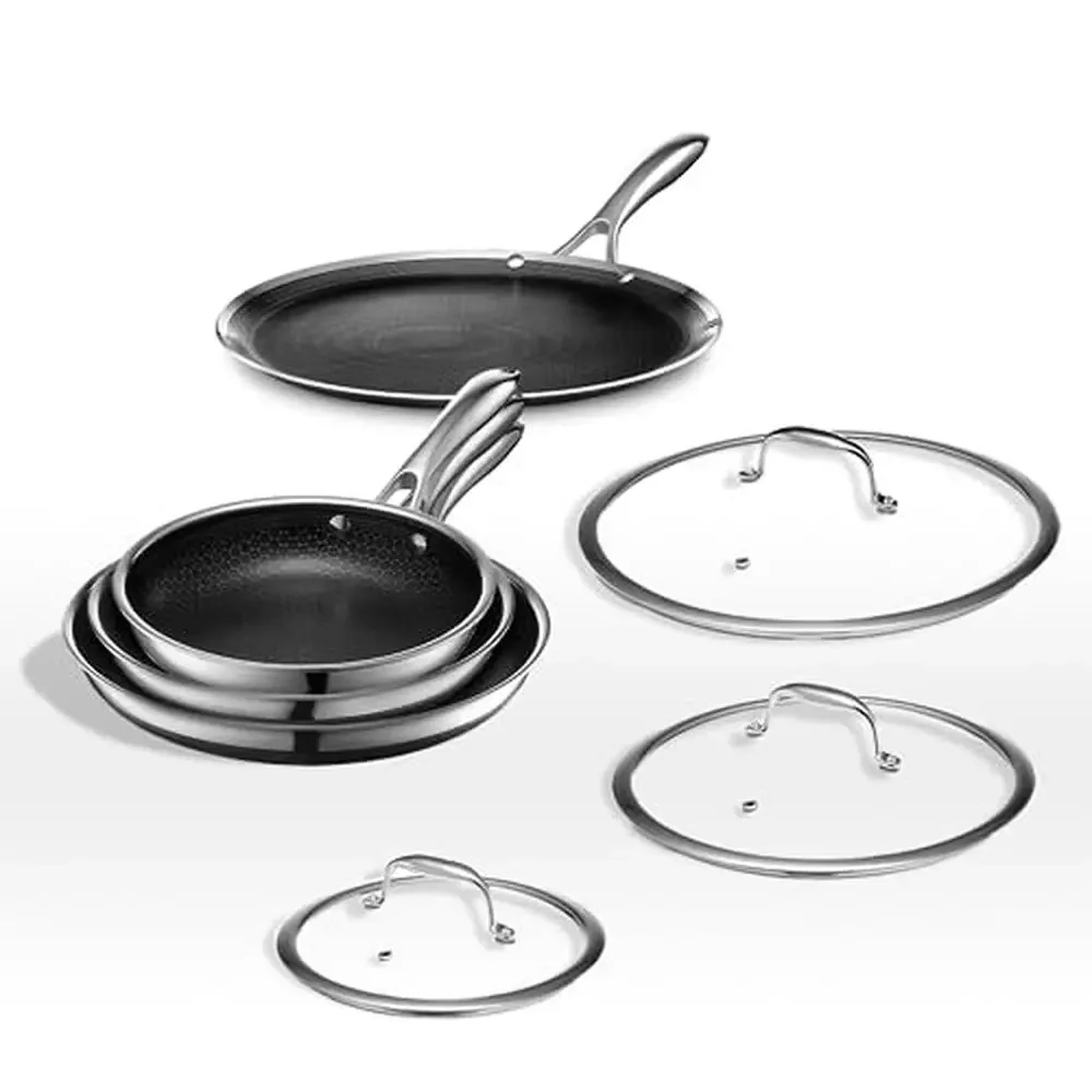 7 Piece Hybrid Stainless Steel Cookware Set Hexagon Design Tri-Ply Construction Oven Safe Scratch-Resistant Metal Utensil Safe