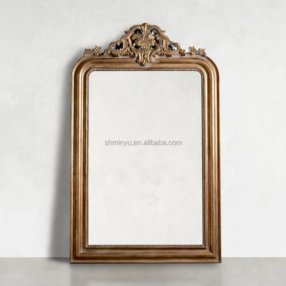New Full-Length Floor Standing Arched Bedroom Living Room Mirror in Warm Aged Gold Wood Frame