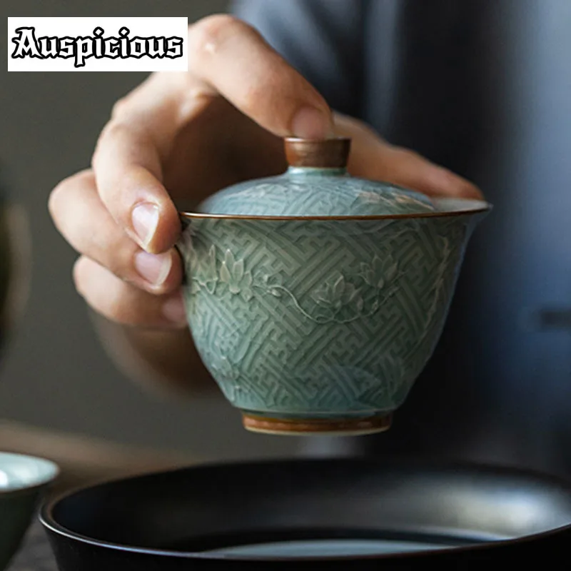 110ml Celadon Ge Kiln Open Piece Relief Orchid Ceramic Covered Bowl Tea Cup Handmade Home Kung Fu Teaset Tea Ceremony Drinkware