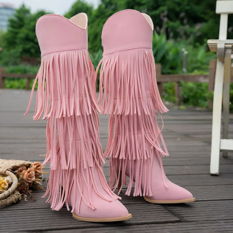 Three-layer Tassel Pointed Toe Thin Heels Women's Boots Suede Multi Fringe Knee High Boots Street-Style Party Fashion Shoes