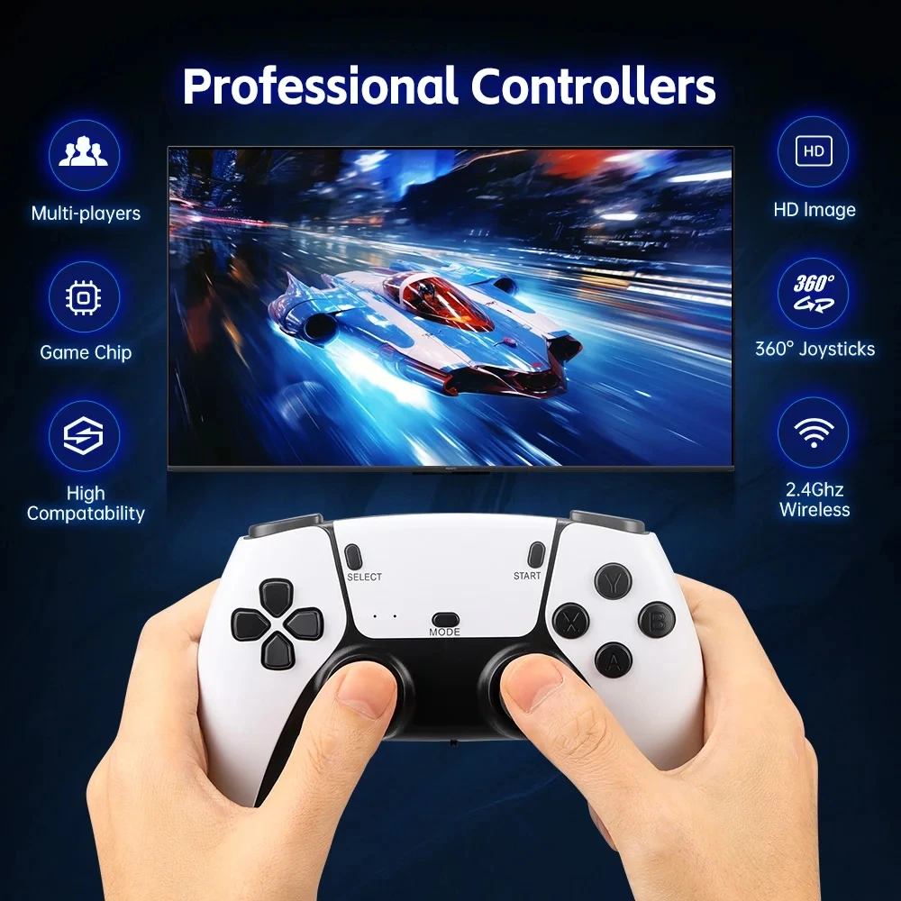 4K 게임 스틱 TV 비디오 게임 콘솔 128G 내장 30000 게임 무선 게임 패드 컨트롤러가있는 레트로 핸드 헬드 게임 플레이어