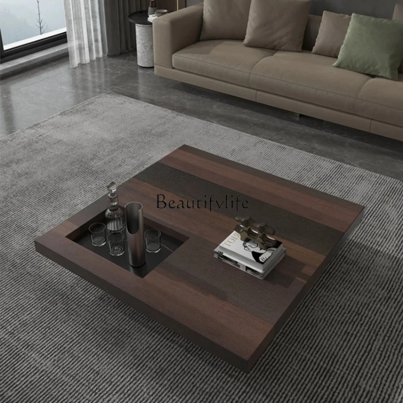 

03.Italian minimalist square solid wood creative coffee table modern simple home living room log art designer