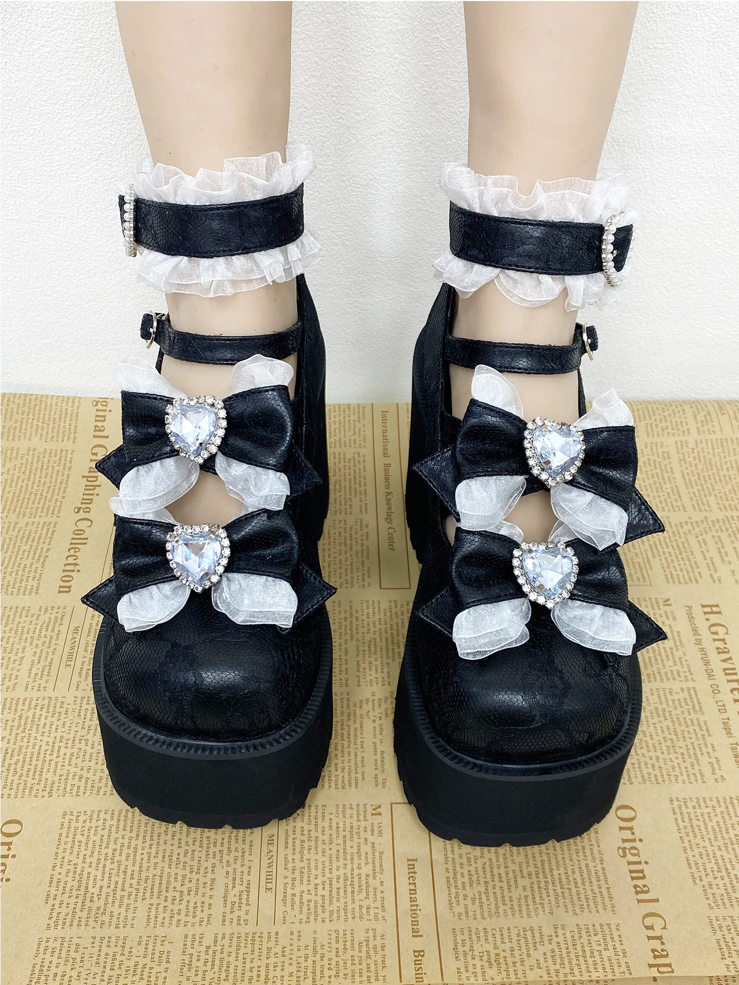 Sweet Lolita Platform Shoes Women Round Toe Super High Block Heel Bow Rhinestone Lace Ruffle Ankle Strap Cosplay Gothic Pumps