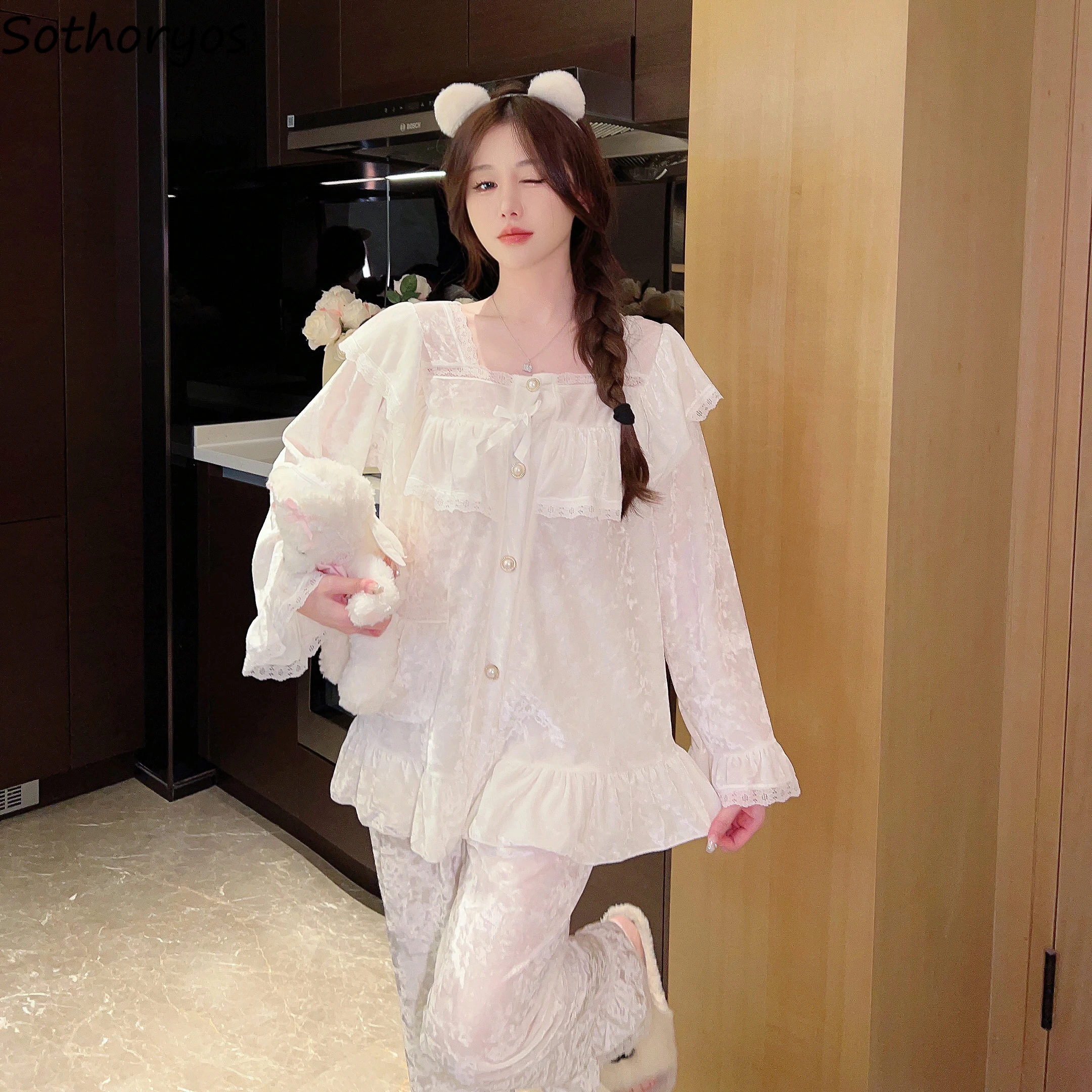 

Flare Sleeve Pajama Sets Women Solid Cozy Casual Pleuche Sleepwear Autumn Winter Fashion Home Korean Style Students Dormitory