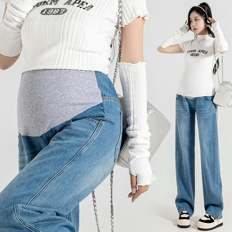 Jeans jeans casual para gestantes, calça reta e solta na barriga, calças compridas para gravidez, roupas para primavera e outono