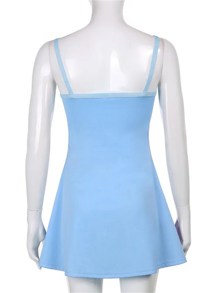 女性サスペンダーaラインドレス夏ノースリーブコントラスト色uネックカットアウトショートボディコンドレス原宿サンドレスY2K