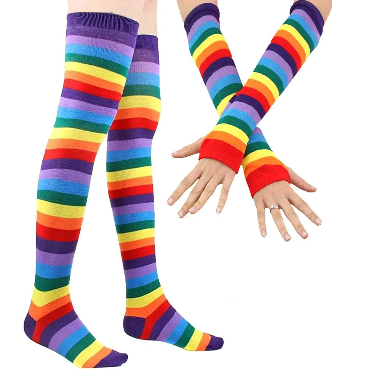 1 Set über dem Knie Regenbogen Oberschenkel hohe Socken Handschuhe Set Cosplay Zubehör Arm Beinwärmer für Mädchen – Detail 7