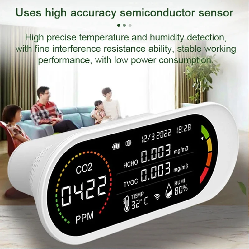 Detector de calidad del aire 5 en 1, medidor de CO2 TVOC HCHO, Monitor de calidad del aire, prueba de temperatura y humedad de dióxido de carbono