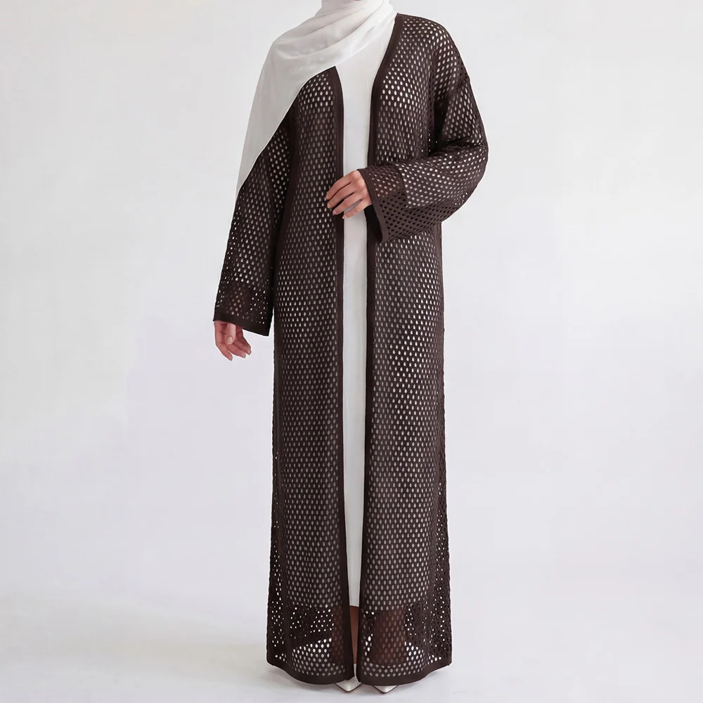 Elegant Hollow-Out Knit Abaya Muslim Women Outerwear Relaxed-Regular-Fit Drop Shoulder Duster Hijabi Modest Islamic Clothing