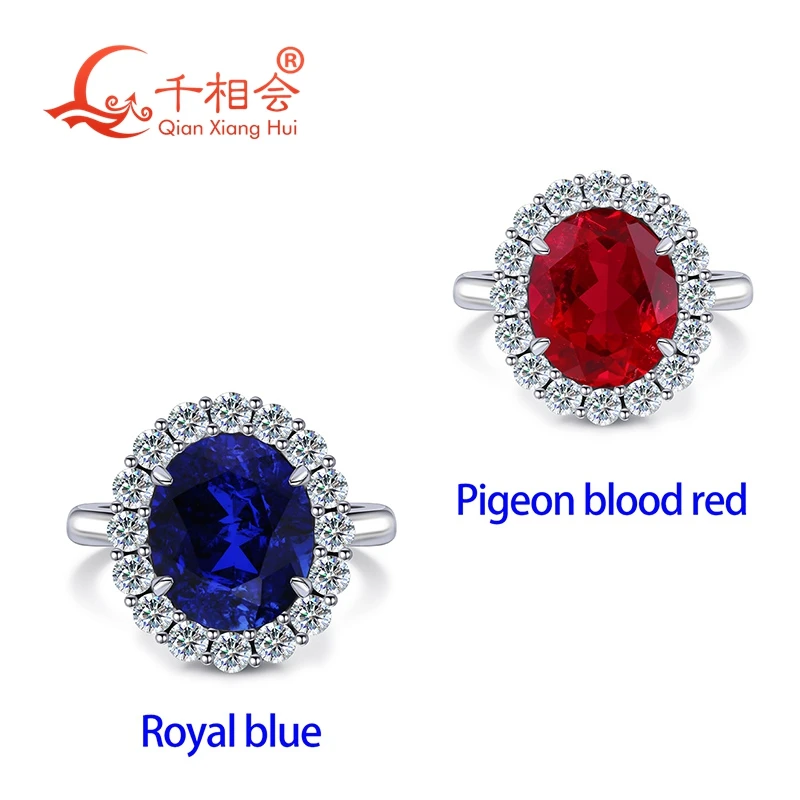 

925 Sterling Silver 8x10mm Oval Cut Lab Grown Pigeon Blood Red Ruby/Royal Blue Sapphire Gemstone Ring, Moissanite Halo Setting