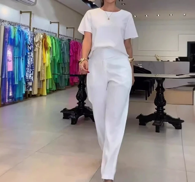 

Women's Leisure Suits 2024 Spring/summer Latest Commuting Fashion Solid Color Round Neck Loose Top Wide Leg Pants Two Piece Set