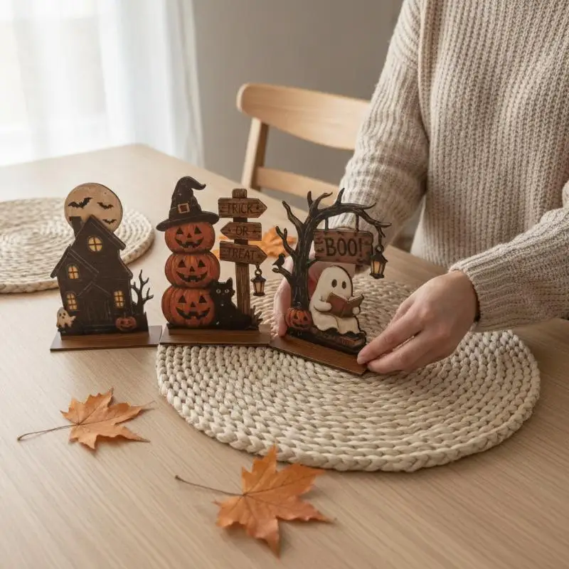 Halloween Wooden Decor Set 3 Pieces Ghost Black Cat Pumpkin for Indoor Office Home Desktop Ornaments